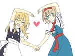 alice_margatroid apron ascot blonde_hair blue_eyes blush capelet closed_eyes couple hairband heart heart_arms_duo holding_hands kirisame_marisa multiple_girls no_hat no_headwear open_mouth simple_background smile touhou tsuno_no_hito waist_apron white_background yuri 