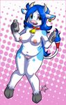  anthro bell_collar blue_hair bovine breasts caramel-kitteh cattle chubby collar cowbell ear_tag hair hooves horn mammal milk nipples nude pussy solo spots 