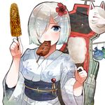  bangs blue_eyes corn cotton_candy eating flower food food_in_mouth fox_mask hair_flower hair_ornament hair_over_one_eye hairclip hamakaze_(kantai_collection) holding holding_food ikayaki itomugi-kun japanese_clothes kantai_collection kimono long_sleeves looking_at_viewer machinery mask mask_removed mouth_hold obi sash short_hair silver_hair simple_background solo squid water_yoyo white_background wide_sleeves yakitoumorokoshi yukata 