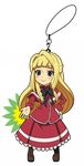  blonde_hair chibi dress gloves gloves_removed gundam gundam_tekketsu_no_orphans half_updo hime_cut keychain kudelia_aina_bernstein long_hair nana-ine purple_eyes reaching_out red_dress ribbon single_glove smile solo 