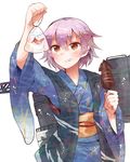  bag bagged_fish brown_eyes eating fish goldfish ikayaki itomugi-kun japanese_clothes kantai_collection kimono machinery purple_hair short_hair solo squid tama_(kantai_collection) yukata 