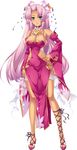  absurdres bare_shoulders blue_eyes breasts cleavage cleavage_cutout dark_skin detached_sleeves dress full_body hair_ornament hand_on_hip highres hikage_eiji jewelry koihime_musou large_breasts long_hair looking_at_viewer necklace pelvic_curtain pink_hair ponytail revealing_clothes shoes side_slit smile solo sonsaku transparent_background very_long_hair 