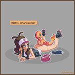  1boy 1girl ass ass_grab bestiality bottomless brown_hair charmander fire hat legs_up long_hair looking_back lying on_stomach pixel_art pokemon pokemon_(game) sex shorts_removed sismicious smile tail touko_(pokemon) vaginal 