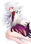  angel_wings arano_oki barefoot bow brooch dress highres jacket jewelry kishin_sagume long_sleeves lying on_side open_clothes open_jacket purple_dress red_eyes silver_hair single_wing solo touhou wings 