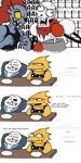  alphys armor bone buckteeth clothing comic cooking dialogue english_text eye_patch eyewear female fish glasses group gud hair humor jacket male marine monster papyrus_(undertale) plate red_hair sans_(undertale) scales scalie sharp_teeth skeleton smile sweat table teeth text undertale undyne yelling yellow_scales 