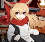  alternate_costume fang hair_ornament hair_ribbon horns ibuki_suika long_hair long_sleeves looking_at_viewer nejime open_mouth orange_hair red_eyes ribbon scarf shirt smile solo touhou vest wide_sleeves 