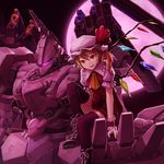 album_cover armored_core ascot black_legwear blonde_hair boots cover cross-laced_footwear dress flandre_scarlet full_moon hat hat_ribbon kurione_(zassou) mecha mob_cap moon puffy_short_sleeves puffy_sleeves red_dress red_eyes ribbon shirt short_sleeves side_ponytail sitting smile solo thighhighs touhou white_glint wings wrist_cuffs zettai_ryouiki 