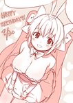  animal_ears blush bow bowtie breasts bunny_ears cleavage dated di_gi_charat dutch_angle happy_birthday huge_breasts leaning_forward looking_at_viewer monochrome pink saiste sketch smile solo twintails usada_hikaru 