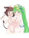  animal_ears apron apron_tug ass asymmetrical_docking blush breast_press breasts brown_hair chopsticks cow_ears cow_tail green_hair highres holmy_(show_by_rock!!) horns jacqueline_(show_by_rock!!) large_breasts long_hair looking_at_viewer looking_back multiple_girls naked_apron nipples nose_blush one_eye_closed open_mouth ponytail red_eyes short_hair show_by_rock!! smile tail takano_natsuki tears very_long_hair yellow_eyes 