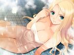  barefoot bath blonde_hair blush breasts cleavage date_wingfield_reiko fault!! feet game_cg green_eyes long_hair looking_at_viewer medium_breasts naked_towel partially_submerged shiny shiny_skin sitting smile solo steam tanaka_takayuki thigh_gap towel water 