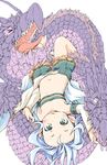  aqua_eyes bare_legs barefoot blush detached_sleeves dragon flat_chest frilled_shorts frills granblue_fantasy green_shorts ham_(points) lavender_hair long_hair long_sleeves looking_at_viewer lying navel on_back open_mouth pointy_ears scales shorts smile solo strapless tiamat_(granblue_fantasy) tubetop upside-down very_long_hair younger 