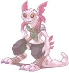  ambiguous_gender anthro axolotl barefoot beelzemon_(artist) clothed clothing digitigrade foot_wraps front_view half-dressed looking_away male navel pants scalie smile solo standing topless 