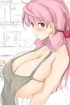  admiral_(kantai_collection) akashi_(kantai_collection) apron bare_shoulders blush breasts cleavage covered_nipples green_eyes hair_ribbon heart highres huge_breasts kantai_collection long_hair looking_at_viewer naked_apron okiraku_nikku open_mouth pink_hair ribbon solo_focus spoken_heart tress_ribbon 