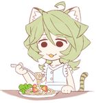  :3 ahoge animal_ears blonde_hair brown_hair commentary_request elfnein food fork jitome long_hair murakami_hisashi noodles salad senki_zesshou_symphogear solid_circle_eyes solo tail tiger_ears tiger_tail 
