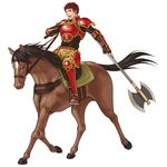  armor axe fire_emblem fire_emblem:_souen_no_kiseki highres holding holding_weapon horse kieran kita_senri looking_at_viewer male_focus official_art open_mouth red_eyes red_hair riding shoulder_armor simple_background solo spaulders weapon white_background 