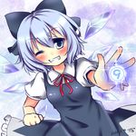  1girl blue_eyes blue_hair bow cirno clenched_teeth grin hair_bow highres ice ice_wings miy@ one_eye_closed smile solo teeth touhou wings 