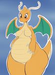  blue_background blush breasts brown_eyes chubby dawmino dragon dragonite featureless_breasts female nintendo nude pok&eacute;mon scalie simple_background solo standing thick_thighs video_games wide_hips wings 