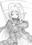  ahoge black_sclera cowboy_shot drawfag dullahan gauntlets greyscale huge_ahoge lala_(monster_musume) long_hair monochrome monster_musume_no_iru_nichijou scythe sketch solo traditional_media 