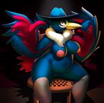  anthro areola black_feathers breasts camel_toe chair elpatrixf eyelashes feathers female hat honchkrow looking_at_viewerred_eyes navel nintendo niplpes pok&eacute;mon pussy sitting solo video_games 