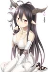  antenna_hair bandages black_gloves black_hair blush breasts cleavage danua draph fingerless_gloves gloves granblue_fantasy highres horns long_hair medium_breasts nedia_(nedia_region) pointy_ears red_eyes simple_background solo thumb_sucking white_background 