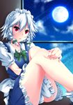  apron bow braid covering covering_crotch full_moon hair_bow highres holding_legs izayoi_sakuya maid_apron maid_headdress miy@ moon panties pantyshot pantyshot_(sitting) red_eyes silver_hair sitting solo touhou twin_braids underwear white_panties 