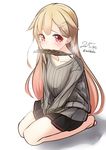  black_skirt blonde_hair fish_in_mouth hair_flaps hair_ornament hairclip highres jpeg_artifacts kantai_collection long_hair nekobaka pleated_skirt red_eyes remodel_(kantai_collection) skirt solo tears yuudachi_(kantai_collection) 