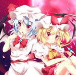  ascot bat_wings blonde_hair blue_hair bow brooch finger_to_mouth flandre_scarlet hat highres jewelry miy@ mob_cap moon multiple_girls petals pointy_ears red_eyes red_moon remilia_scarlet siblings sisters touhou wings 