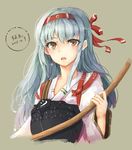  2015 absurdres artist_name bow_(weapon) brown_eyes d: dated embellished_costume grey_background hairband headband highres holding holding_weapon kantai_collection long_hair looking_at_viewer muneate open_mouth shoukaku_(kantai_collection) silver_hair simple_background solo tasuki upper_body weapon white_hair yang_zheng_yu 