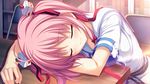  1girl ahoge belt blush bow closed_mouth eyes_closed female g.i.b._girls_in_black game_cg hair_bow hair_ornament hair_ribbon kurokawa_yukano pink_hair red_bow red_ribbon ribbon school_uniform serafuku short_hair short_sleeves sleeping smile solo sunbeam table tenmaso twintails whirlpool_(studio) 