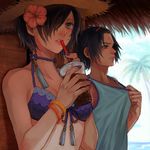  1girl bangs_pinned_back bikini black_hair blue_sky bracelet brother_and_sister cloud day drink drinking_straw flower grey_eyes hair_flower hair_ornament hair_over_one_eye hat hibiscus highres holding jewelry kirishima_ayato kirishima_touka nail_polish palm_tree parted_lips purple_bikini purple_nails shirt shirt_pull short_hair siblings sky straw_hat sweatdrop swimsuit t-shirt tokyo_ghoul tree upper_body xino 