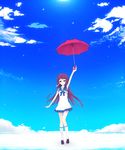  absurdres arm_up bad_id bad_pixiv_id blue_eyes brown_hair dress highres long_hair mukaido_manaka nagi_no_asukara sailor_dress school_uniform serafuku shiro_mayu solo umbrella 