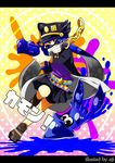  aji_(coastal_area) artist_name blue_eyes blue_hair chain cosplay domino_mask engrish fangs full_body gradient gradient_background grin hat highres inkling jojo_no_kimyou_na_bouken jpeg_artifacts kuujou_joutarou kuujou_joutarou_(cosplay) long_coat mask paint_splatter pleated_skirt pointy_ears polka_dot polka_dot_background ranguage shorts shorts_under_skirt skirt smile splatoon_(series) splatoon_1 splattershot_jr_(splatoon) squid super_soaker tentacle_hair translation_request 