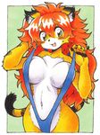  animal_ears blush breasts cowboy_shot fang furry green_eyes highres large_breasts long_hair looking_at_viewer marker_(medium) millipen_(medium) navel open_mouth original overexposure oyatsu_(mk2) red_hair slingshot_swimsuit solo swimsuit tail tiger_ears tiger_tail traditional_media 