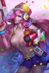  alternate_costume arcade_miss_fortune artist_name belt blue_eyes blue_skirt breasts checkered chuby_mi collarbone cowboy_shot detached_sleeves emoticon gun hair_over_one_eye hat highres large_breasts league_of_legends leaning_forward light_smile nail_polish navel nipples pink_hair realistic sarah_fortune skirt smile solo topless watermark weapon web_address 