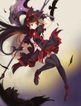  axe bird black_hair black_legwear colorized crow feathers garter_straps gate_-_jieitai_ka_no_chi_nite_kaku_tatakaeri gothic_lolita hair_ribbon highres lolita_fashion long_hair red_eyes ribbon rory_mercury saimon_ma solo weapon 