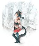  animal_ears arms_behind_back bag black_eyes black_hair black_legwear braid breasts cat_ears cleavage detached_sleeves facial_mark final_fantasy final_fantasy_xiv from_above grin highres large_breasts leaf looking_at_viewer looking_up midriff miqo'te partially_colored satchel short_hair sime_(echo) sketch skirt smile solo tail thighhighs tree walking wind 