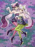  2girls aori_(splatoon) black_hair commentary detached_collar domino_mask dress earrings fangs food food_on_head gloves hotaru_(splatoon) jewelry long_hair looking_at_viewer mask mole mole_under_eye multiple_girls object_on_head open_mouth pantyhose pointy_ears shoes short_dress short_hair short_jumpsuit smile splatoon_(series) splatoon_1 strapless strapless_dress syuri22 tentacle_hair white_gloves 