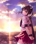  arms_behind_back breastplate brown_eyes brown_hair cloud flight_deck hair_ribbon highres kantai_collection looking_at_viewer nicoby ocean pleated_skirt puffy_short_sleeves puffy_sleeves ribbon shirt short_sleeves skirt sky smile solo sunset twintails zuikaku_(kantai_collection) 
