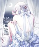  albino animal back beads bow braid building cat city crescent curtains dress fingernails formal frills from_behind hair_ornament indoors long_fingernails mado_akira nail_polish night night_sky purple_eyes short_hair sitting sky solo tokyo_ghoul transparent white_bow white_dress white_hair xino yawning zipper 