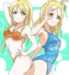  arm_behind_head asymmetrical_hair ayase_eli back-to-back bangs bikini blonde_hair blue_eyes blue_skirt braid competition_swimsuit cowboy_shot crown_braid from_side green_eyes hair_rings hand_on_hip long_hair looking_at_viewer love_live! love_live!_school_idol_project love_live!_sunshine!! multiple_girls o-ring o-ring_bikini ohara_mari ok_sign one-piece_swimsuit orange_bikini parted_bangs short_hair skirt smile swimsuit tareme tetopetesone twisted_torso yellow_eyes 