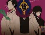  2boys akon bad_id bad_twitter_id bangs black_hair black_nails bleach blunt_bangs cigarette glove_pull gloves grin kurotsuchi_mayuri kurotsuchi_nemu multiple_boys nail_polish purple_background smile smoke smoking yukin_(es) 