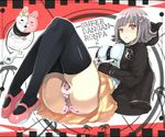  arao ass bangs black_legwear black_sweater blush_stickers bow cardigan commentary_request controller copyright_name danganronpa english full_body game_controller grey_hair hair_ornament hairclip long_sleeves looking_at_viewer lying miniskirt monomi_(danganronpa) nanami_chiaki on_back panties pantyshot pantyshot_(lying) parted_lips pink_eyes pink_footwear pink_panties pleated_skirt print_panties shiny shiny_clothes shirt shoes short_hair skirt super_danganronpa_2 sweater thighhighs underwear uwabaki white_shirt yellow_skirt 