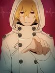  bad_id bad_twitter_id bleach bleach:_the_thousand-year_blood_war blonde_hair gremmy_thoumeaux hair_between_eyes hood male_focus military military_uniform quincy red_eyes smile solo trench_coat uniform wandenreich yukin_(es) 