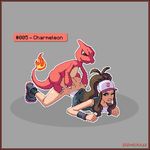  1boy 1girl ass ass_grab bestiality bottomless brown_hair charmeleon claws fire hat long_hair looking_back pixel_art pokemon pokemon_(game) sex sismicious tail top-down_bottom-up touko_(pokemon) wristband wristbands 