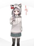  animal_ears black_legwear blush brown_eyes grey_hair highres hood hoodie kantai_collection kasumi_(kantai_collection) long_hair mitsudoue ribbon silver_hair simple_background skirt solo thighhighs zettai_ryouiki 