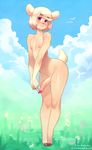 androgynous animal_ears artist_name bangs blush borrowed_character bow cloud cyancapsule day erection flower foreskin furry grass highres looking_at_viewer lunar_(hoshi_(nedoiko)) male_focus navel nipples nude original outdoors penis penis_ribbon phimosis pink_eyes ribbon sky smile solo standing swept_bangs tail testicles 