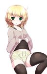  black_legwear blonde_hair blush casual gochuumon_wa_usagi_desu_ka? green_eyes kirima_sharo looking_at_viewer open_mouth shirt_lift short_hair shorts solo sora_to_umi striped striped_shorts thighhighs 