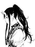  1girl highres japanese_clothes long_hair monochrome oni oni_horns original pointy_ears ponytail shiro_shougun simple_background solo white_background 
