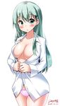  green_eyes green_hair hair_ornament hairclip highres kantai_collection long_hair looking_at_viewer no_bra no_pants panties partially_undressed pink_panties solo suzuya_(kantai_collection) unbuttoned underwear yuuki_hb 