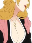  bad_id bad_twitter_id bleach blonde_hair breasts cleavage head_out_of_frame jewelry large_breasts lipstick long_hair makeup matsumoto_rangiku mole mole_under_mouth necklace simple_background solo white_background yukin_(es) 